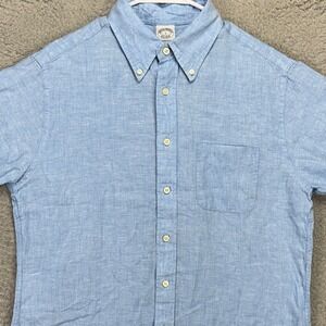 Brooks Brothers Men Button Down Shirt Large Blue Irish Linen Short Sleeve Pocket